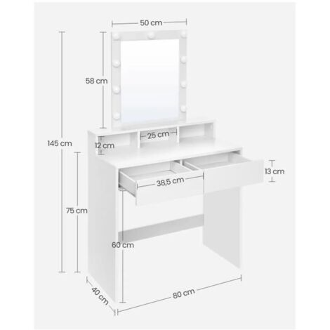 CALICOSY - Schminktisch mit Glühbirnenspiegel und 2 Schubladen - L80 cm