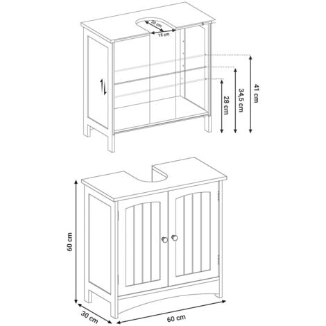 Weißer Waschtischunterschrank mit 2 Türen und 1 verstellbaren Regal - L60 cm
