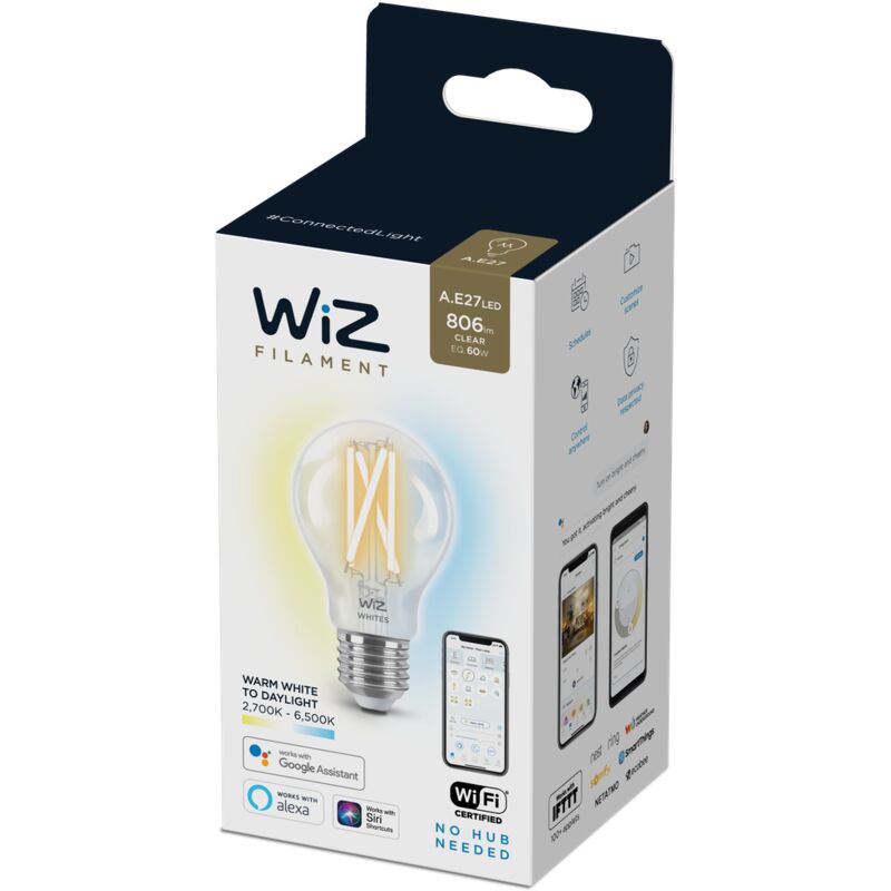 Wiz bombilla Wifi LED filamento regulable blancos A60 60w E27 2700-6500K, 6.7W (equivale a 60 W), A++