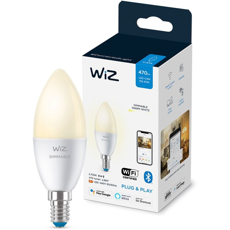 Wiz Bombilla Wifi y Bluetooth LED Regulable vela 40w E14 Luz blanca cálida, 2700K, 4.9W (equivale a 40 W), A+