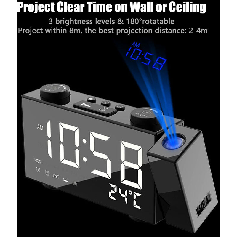 Sveglia a proiezione Orologio radio FM Display a LED con dimmer Proiettore regolabile a 180 ° Orologio digitale con porta di ricarica USB Impostazione orologio da comodino 12 24H per camera da letto 