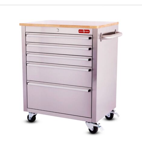 Crytec 26" Stainless Steel Tool Cabinet 5 Drawer Wooden Worktop