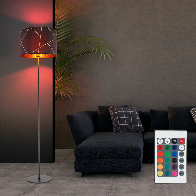 Lampada da terra lampada da terra nero oro E27 lampada da terra in tessuto,  linee decorative dorate, dimmerabile con telecomando, LED RGB 8,5W 806Lm,  DxH 38 x 151 cm