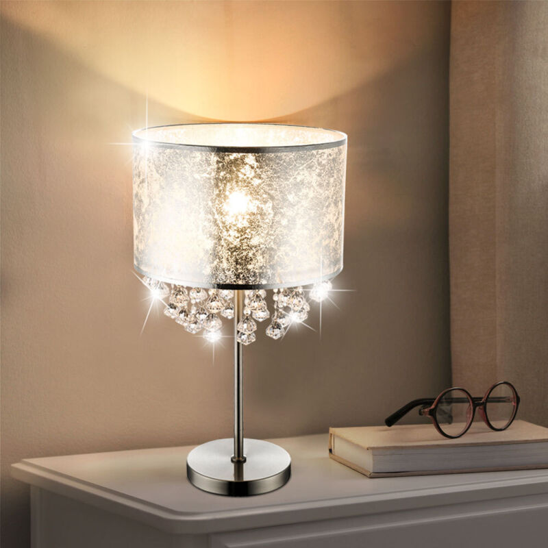 Lampada Da Tavolo In Cristallo E Tessuto - Bianco, Stile Americano Moderno, E27, Altezza 55 Cm, Per Soggiorno E Camera Da Letto - 3