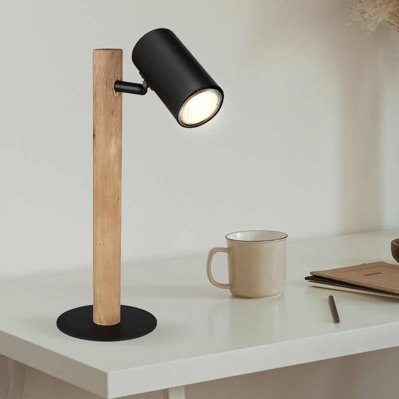 Lampada da tavolo, lampada da scrivania, lampada da ufficio, lampada da  comodino, lampada in legno, metallo nero, legno marrone scuro, spot mobile  GU10, H 35 cm