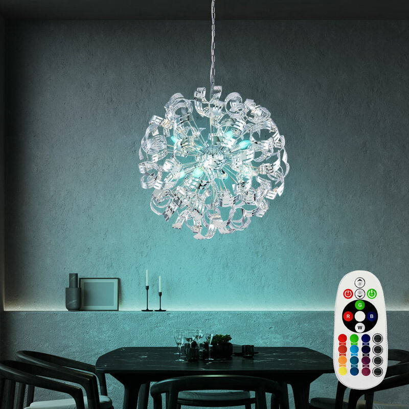 Lampada a sospensione a soffitto con telecomando, dimmer per illuminazione  a sfera cromata in un set con illuminazione a LED RGB