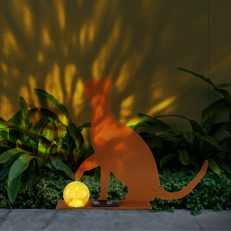Decorazione da giardino figure esterne gatto solare lampade solari animali  per esterno, IP44, batteria ricaricabile, metallo vetro craquelé ambra  color ruggine, 1x LED 3000K, AxLxP 33,5x31,5x7cm