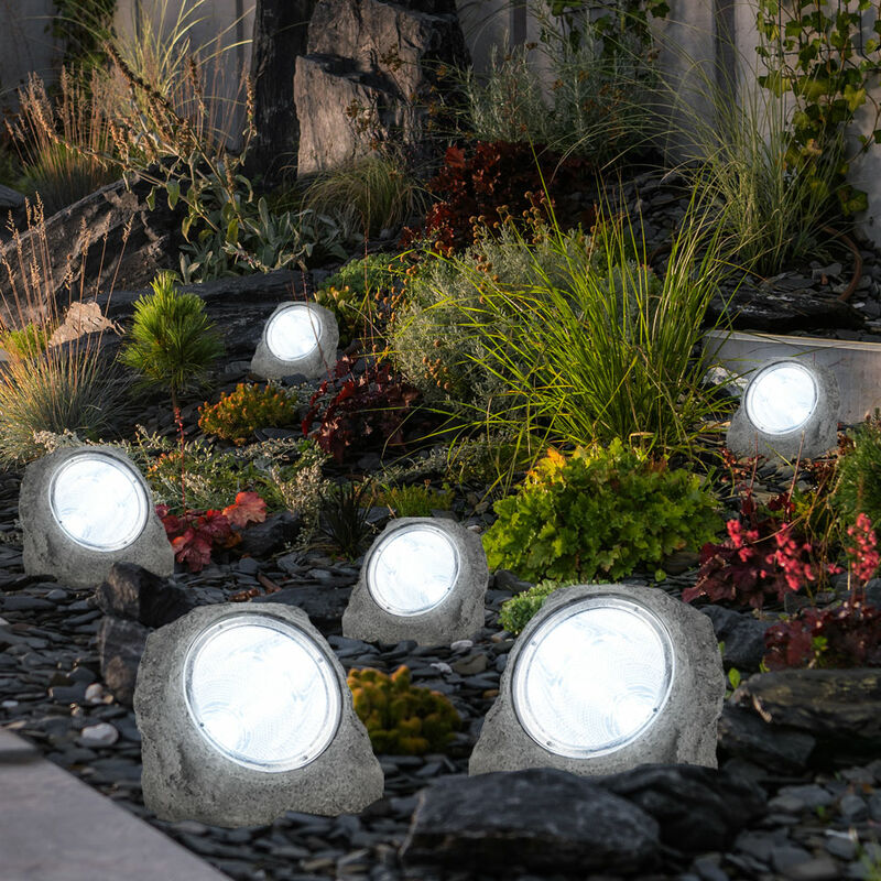 Lampada solare grigio faretto da giardino, LED patio luce pietra lampada resistente  alle intemperie, poliresina, LED, LxLxA 14,5x12x11 cm, set di 6