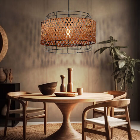 Lampadario A Sospensione In Bambù E Rattan - Stile Boho - Altezza Regolabile - E27 - 2