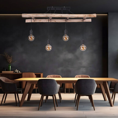 Lampada A Sospensione In Legno 4 Luci E27 - Stile Retrò Per Cucina E Soggiorno - Paralume In Vetro E Catena Regolabile
