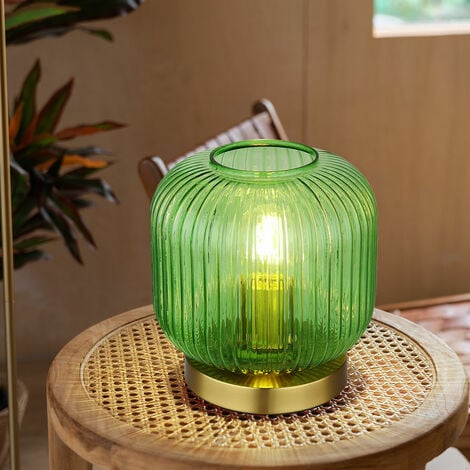 Lampada da tavolo lampada da tavolo retrò lampada da comodino vetro verde 1  fiamma soggiorno, metallo ottone, 1x E27, DxH 20x21 cm