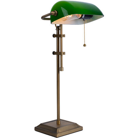 Lampada da scrivania lampada da banchiere lampada da tavolo ottone vecchio vetro verde lampada da lettura regolabile in altezza, interruttore a tirante, 1x E27, LxH 26,5x56 cm
