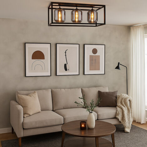 Lampadario Sospensione Quinteiro Moderno - 6 Lampadine E27, Vetro Fum&eacute;/Trasparente, Metallico Nero