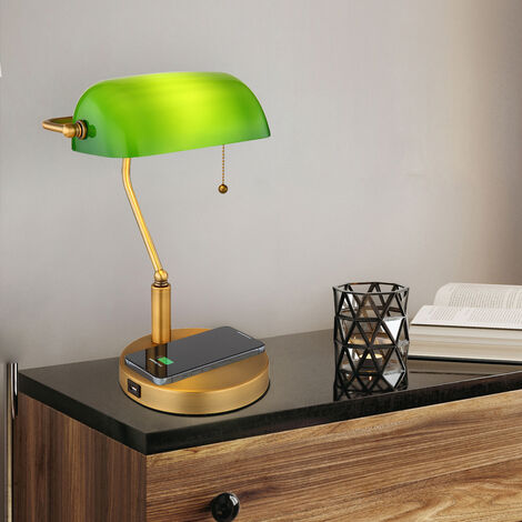 Lampada da scrivania lampada da banchiere lampada da tavolo ottone vecchio  vetro luce da lettura verde, porta USB per ricarica wireless, interruttore  a tirante, 1x E27, LxH 26,5x36 cm