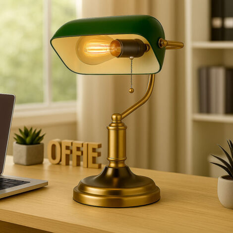 Lampada da tavolo Lampada da tavolo in vetro verde ottone antico Lampada da lettura, paralume orientabile, interruttore a strappo, 1x presa E27, LxH 26,5x36 cm