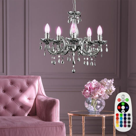 Lampadario dimmerabile con telecomando Lampada a sospensione a LED Lampada da tavolo da pranzo Lampada a sospensione Soggiorno, Cambia colore RGB, 5x 3,5 W 320 lm bianco caldo, DxH 44x128 cm (1/5)