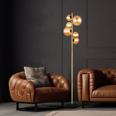 Lampada da terra soggiorno ottone Lampada da terra industriale sfera lampada da lettura a LED ambra lampada da terra, metallo vetro, 6x LED 3.5W 350Lm bianco caldo, H 155 cm