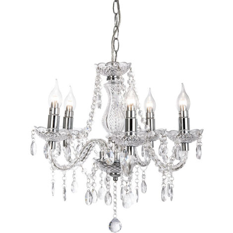 Lampadario lampada a sospensione lampada da soggiorno lampada da tavolo da pranzo Lustre 5 fiamme, metallo cromato, cristalli acrilici trasparenti, 5x E14, DxH 45 x 150 cm