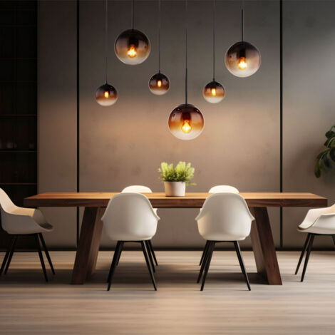 Lampada a sospensione lampada da sala da pranzo lampada da soffitto lampada da soggiorno, metallo vetro ambra color fumo nero, 3x E27 3x G9, 6 lampadine, H 117 cm