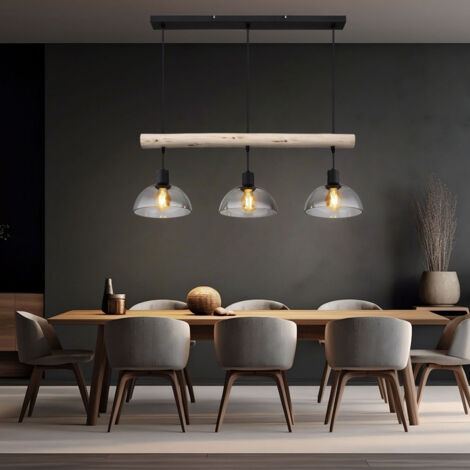 Lampada a sospensione Lampada a sospensione a 3 luci Tavolo da pranzo Lampada in legno Lampada da soggiorno in vetro regolabile, metallo, marrone nero, 3 prese E27, LxLxA 80x20x120 cm