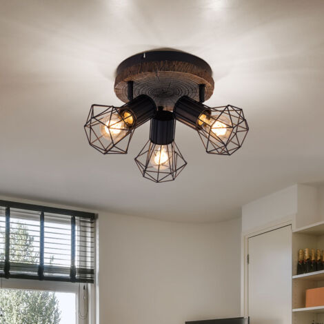 Lampada Da Soffitto Vintage 2 Faretti GU10 – Legno E Metallo Nero, Orientabile Per Soggiorno E Cucina