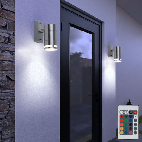 Set di 2 faretti da parete per esterni a LED RGB, luci telecomandate, faretti da giardino, lampade per facciate dimmerabili