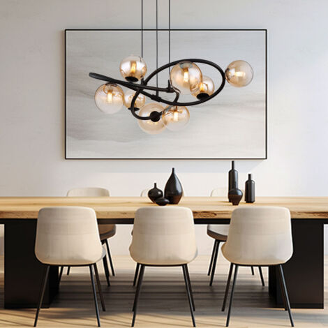 Lampada a sospensione 8 fiamme Lampada a sospensione a LED Lampada da tavolo da pranzo Lampada da soggiorno retrò, nero, sfere di vetro ambrato, 8x 3,5 W 8x 350 lm bianco caldo, DxH 65 x 120 cm