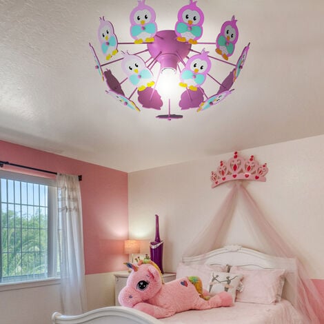 Lampada da soffitto per bambini Lampada da soffitto per bambini a LED rosa,  gufi, legno metallo