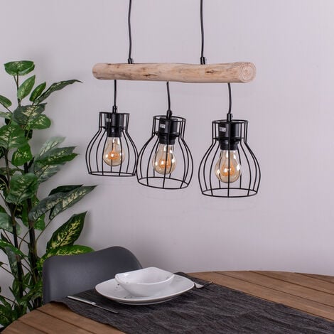 Lampada da soffitto vintage a pendolo in legno con griglia a sospensione  nera in un set