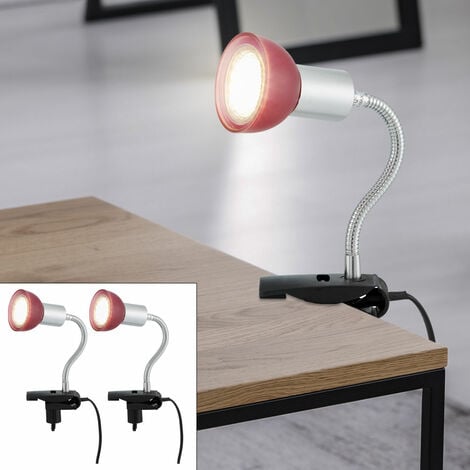 Lampada a morsetto argento Lampada a morsetto Lampada a morsetto LED con  spina, lampada da tavolo lampada da lettura, vetro rosso, 1x LED 3W 250Lm  3000K, HxLxW 34x9x6,1 cm, set di 2