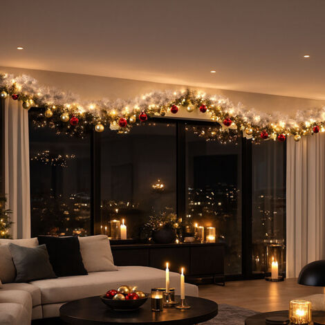Timer e 8 modalità] Ghirlanda natalizia da 2,9 m x 25,4 cm, 100 luci a LED, a batteria, 300 rami, 198 bacche rosse, 18 pigne, ghirlanda natalizia per interni ed esterni (colorata