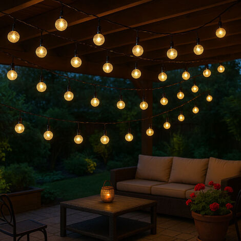Catena luminosa solare per esterni con presa USB, 50 LED 7 m, 8 modalità, luci solari colorate