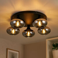 Plafoniera LED a filamento in vetro fumé moderna lampada da soffitto nera retrò da soggiorno dimmerabile a 5 fiamme in vetro, metallo, 5x 4W 470Lm bianco caldo, DxH 49x15 cm
