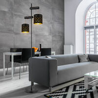 Lampada da terra, lampada da soggiorno, 2 fiamme, paralumi in tessuto con decoro, legno, regolabile in altezza, nero dorato, E27, LxPxH 41x23x150 cm