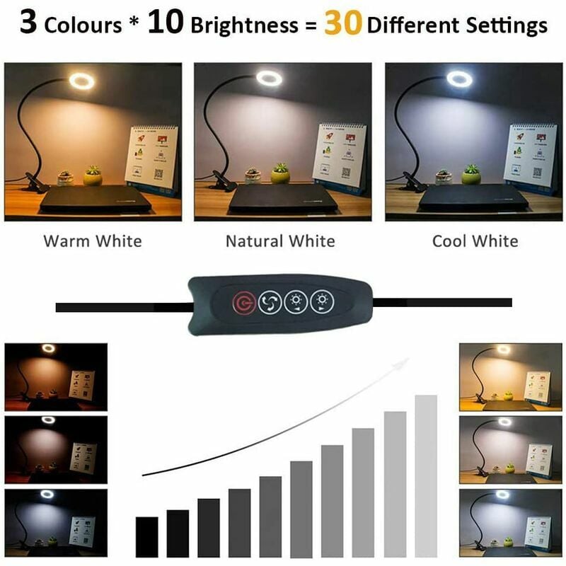 7W USB-Clip-Schreibtischlampe, 3 Farben und 10 einstellbare Helligkeit, 48  LEDs 350° flexibel, Clip-Lampe für Bett, Leselicht, Buch-Leselicht,  dimmbare USB-Clip-Nachttischlampe zum Lesen (schwarz)