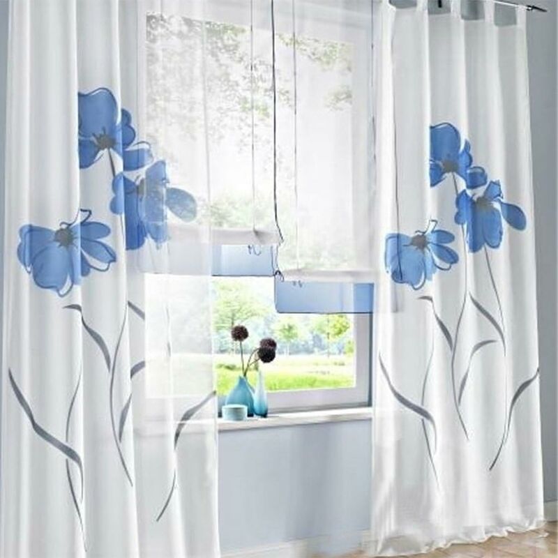 245cm, / Schnallenschal, Blau Blumendruck 150cm Vorhang Vorhang für Wohnzimmer Schlafzimmer Vorhang Breite 2pcs Schal LITZEE Höhe