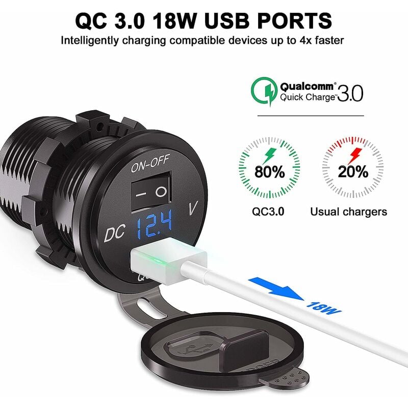 LITZEE QC 3.0 Auto-USB-Steckdose 12 V/24 V, Quick Charge 3.0  Auto-Ladegerät, eingebaute Steckdose, wasserdichter Zigarettenanzünder-Adapter  mit Schalter, LED-Voltmeter, Spannungsanzeige für Motorrad