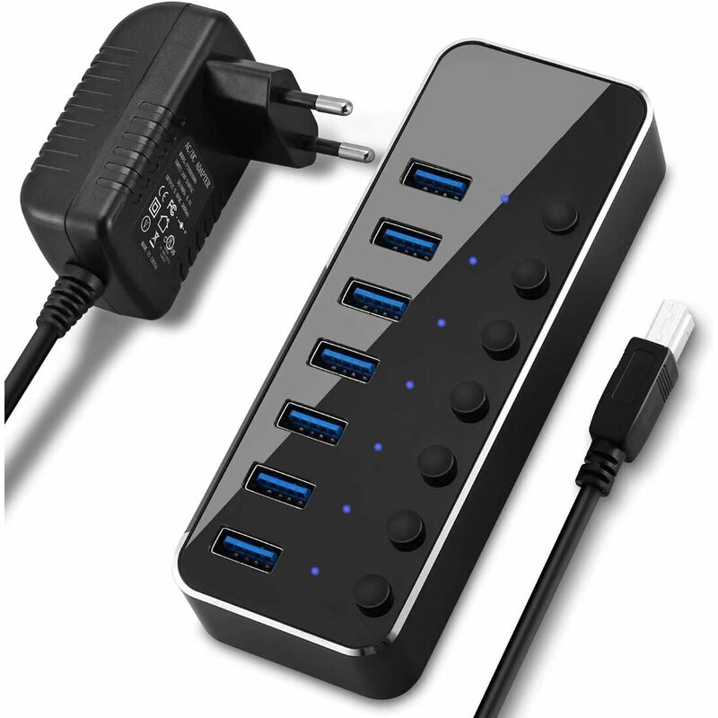 LITZEE Aktiver 3.0-Hub Schalter 7 USB aktiver A V Netzteil, 5 2 Netzteil USB und USB-Port-Verteiler mit Aluminium, mit 3.0-Hub, Port