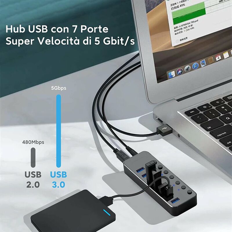 LITZEE Aktiver USB 3.0-Hub mit Netzteil, 7 Port USB 3.0-Hub, Aluminium,  aktiver USB-Port-Verteiler mit 5 V 2 A Netzteil und Schalter