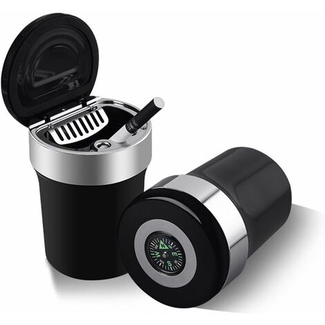 LITZEE Tragbarer Aschenbecher mit LED-Lichtkompass und Abdeckung, schwarz /  silber, für Auto