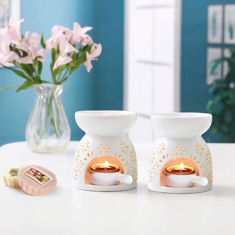 LITZEE Ätherisches Öl Brenner, Keramik Aromalampe mit Kerzenlöffel 2er Set,  Weißer Porzellan Kerzenbrenner Kleiner Keramik Diffusor