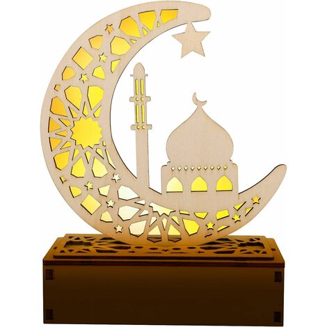 LITZEE Ramadan Lampe, Dekorative Holz Mondförmige LED Ramadan Lampe mit 3D  Licht Eid Mubarak Laterne Dekoration