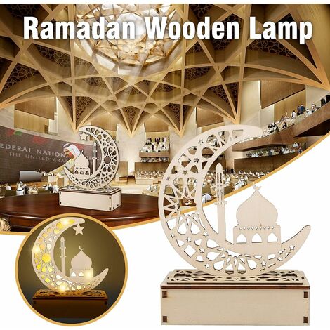 LITZEE Ramadan Lampe, Dekorative Holz Mondförmige LED Ramadan Lampe mit 3D  Licht Eid Mubarak Laterne Dekoration