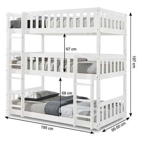 Lydia Triple Bunk Bed in WHITE, Wooden High Sleeper Kids Bunk Bed, Solid Rubberwood Bed Frame - Frame Only