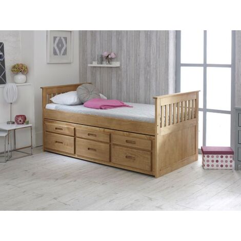 Single Captain Storage Wooden Bed, 3FT, with 3 storage drawers and a Pull Out Under Bed. Slatted Guest Bed Frame with Headboard and Footboard - Waxed