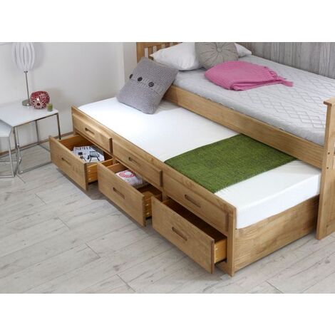 Single Captain Storage Wooden Bed, 3FT, with 3 storage drawers and a Pull Out Under Bed. Slatted Guest Bed Frame with Headboard and Footboard - Waxed