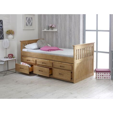 Single Captain Storage Wooden Bed, 3FT, with 3 storage drawers and a Pull Out Under Bed. Slatted Guest Bed Frame with Headboard and Footboard - Waxed