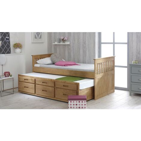 Single Captain Storage Wooden Bed, 3FT, with 3 storage drawers and a Pull Out Under Bed. Slatted Guest Bed Frame with Headboard and Footboard - Waxed