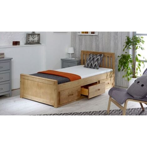 Mission Wooden Bed, Pine Guest Bed with Under Bed Storage Drawers and Slatted Headboard - Waxed 3FT