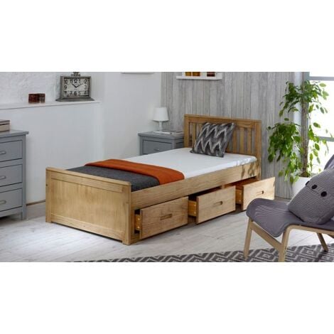 Mission Wooden Bed, Pine Guest Bed with Under Bed Storage Drawers and Slatted Headboard - Waxed 3FT